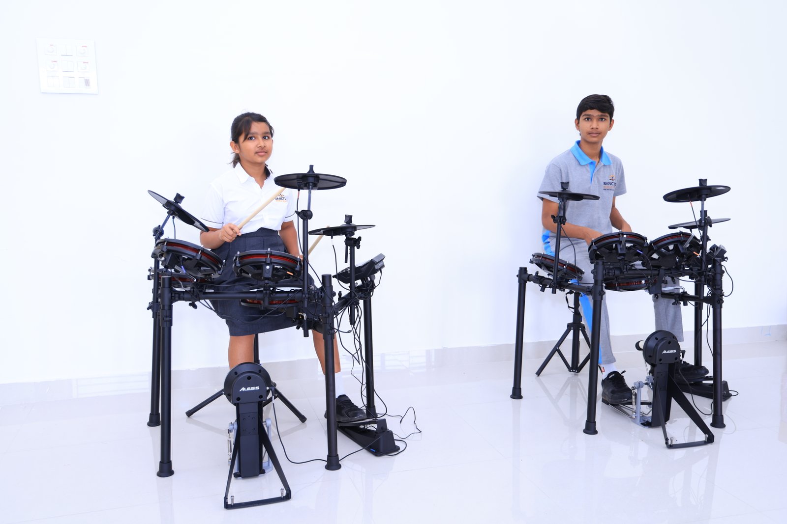 A music studio with keyboards and guitars
