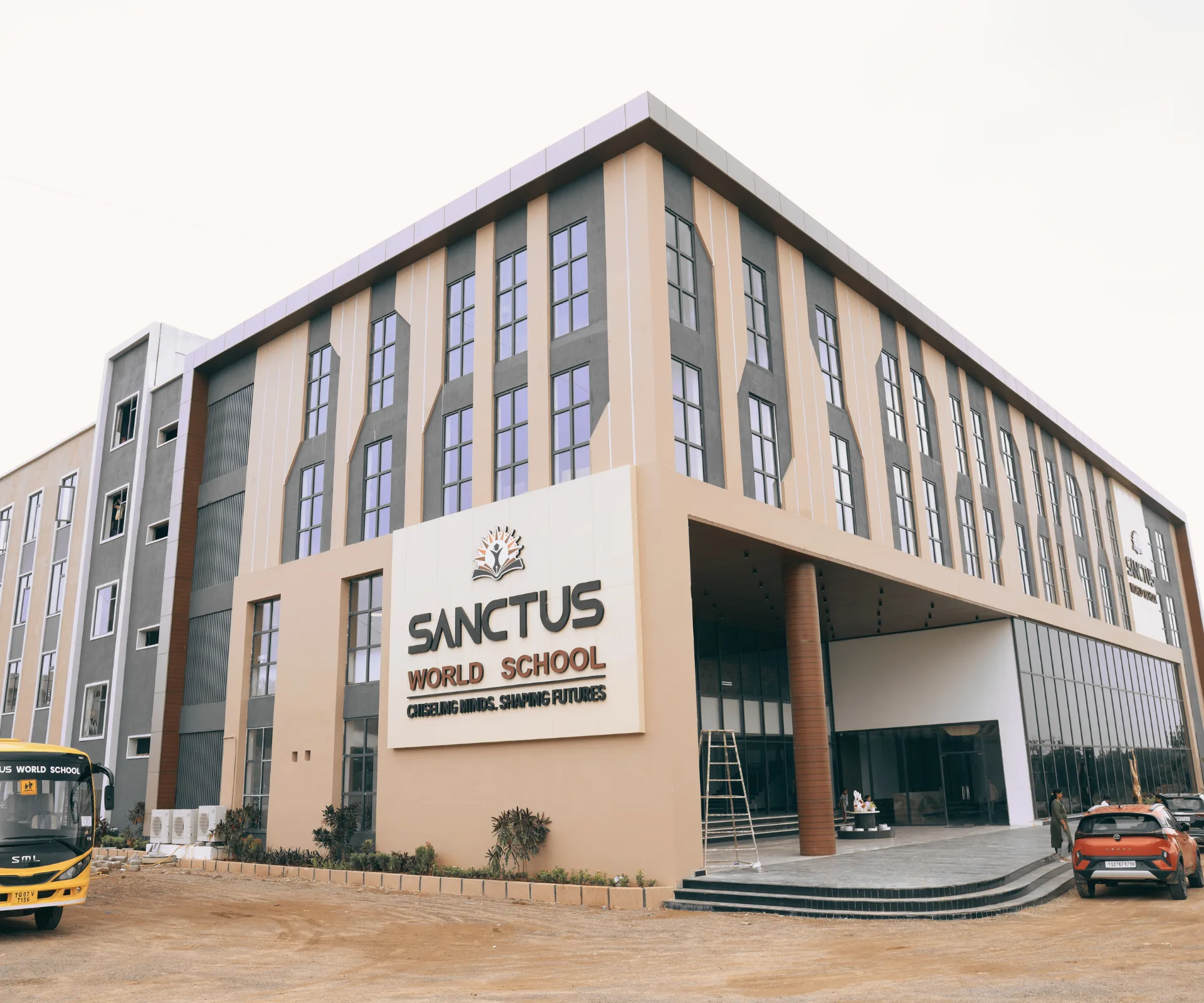 Exterior view of the state-of-the-art school building infrastructure at Sanctus, a top-rated CBSE school in Shamshabad